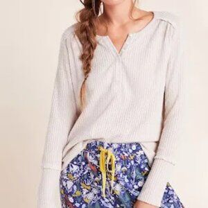 BY ANTHROPOLOGIE | Cream Beige Waffle Knit Henley Long Sleeve Swingy Thermal S